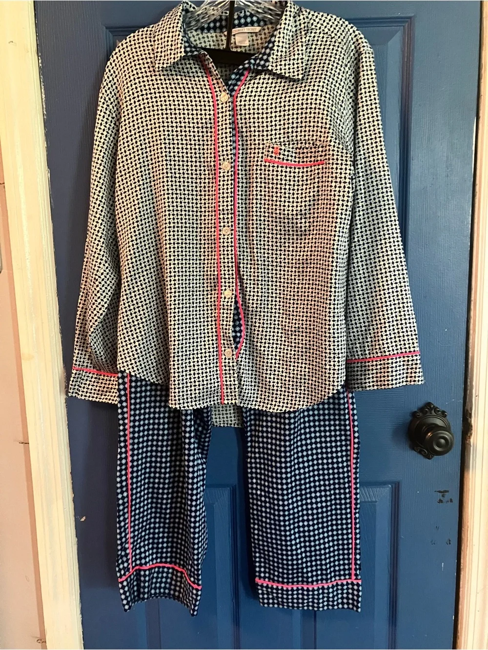 Victoria's Secret Navy and White Gingham Kids Pajama Set with Pink Trim